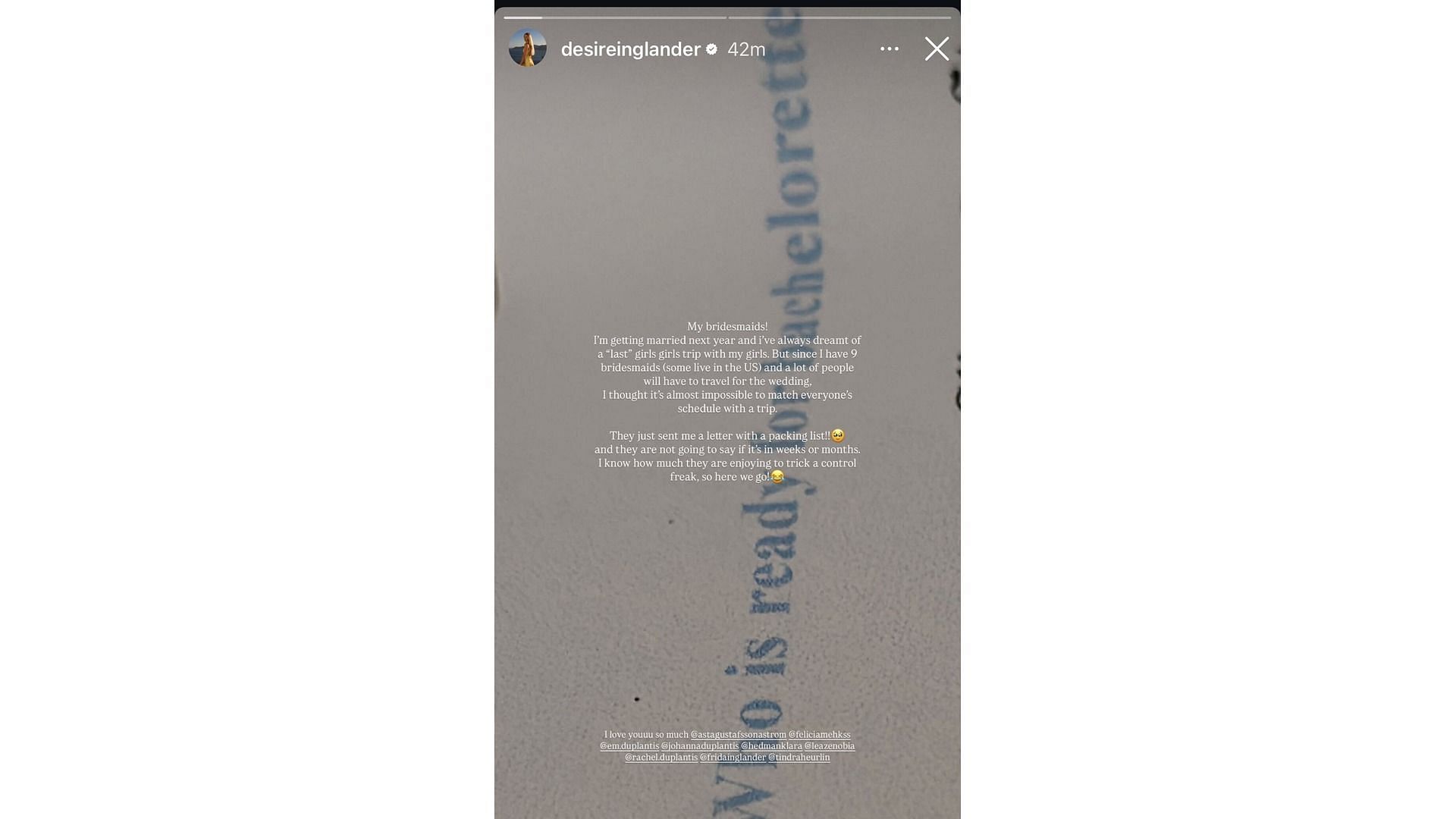 Inglander's message to her bridesmaids (Image via: Inglander's Instagram)